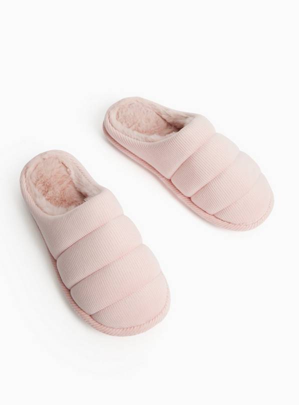 Pink Velour Quilted Mule Slippers S